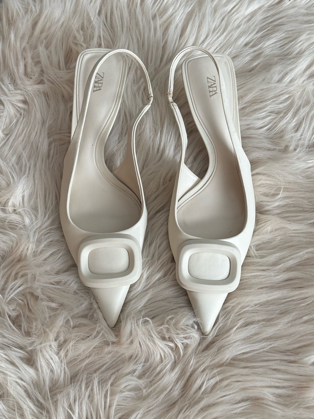 Zara Cream Pointed Slingback Heels with Buckle Accent